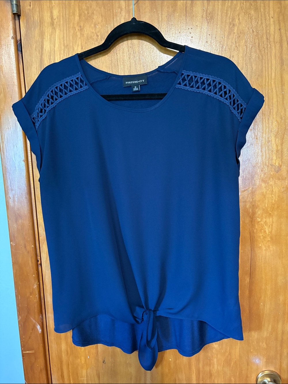 Fortune & Ivy Navy Tabitha Crochet Short-Sleeve Tie-Front Blouse - Size M